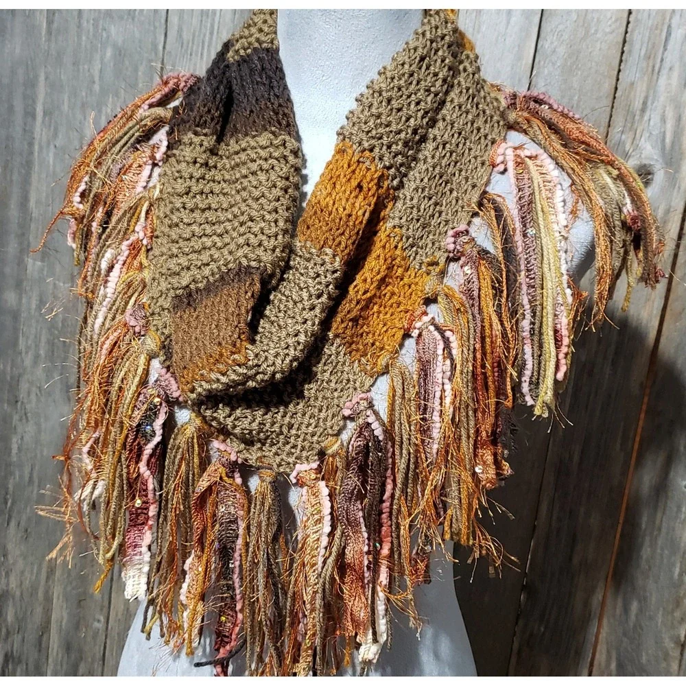 NEW Hand Knitted Boho Cowl Scarf Brown Orange Cottage‎ Cabin Artsy Indie Earthy